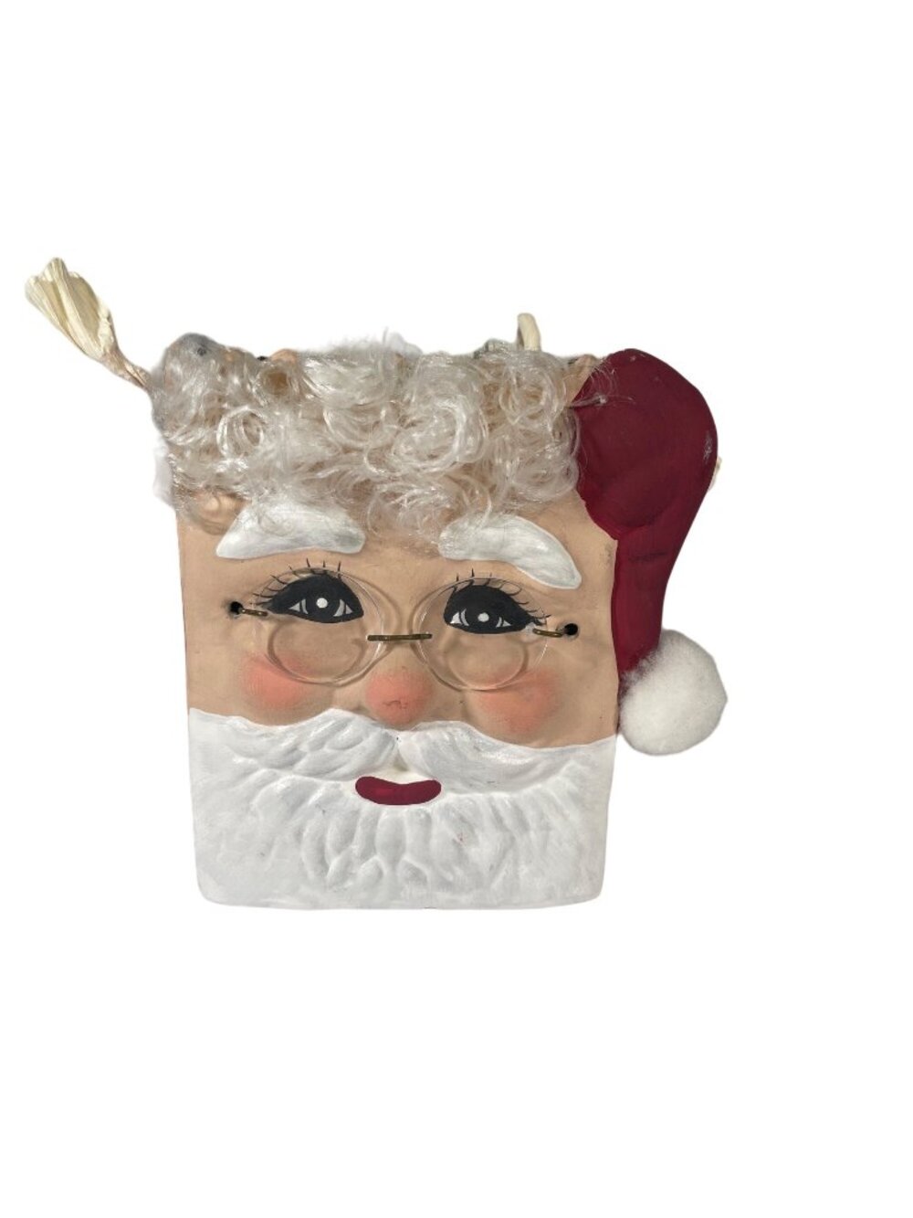 Handpainted Ceramic Santa Claus Face Red Gift Bag With Raffia Handles